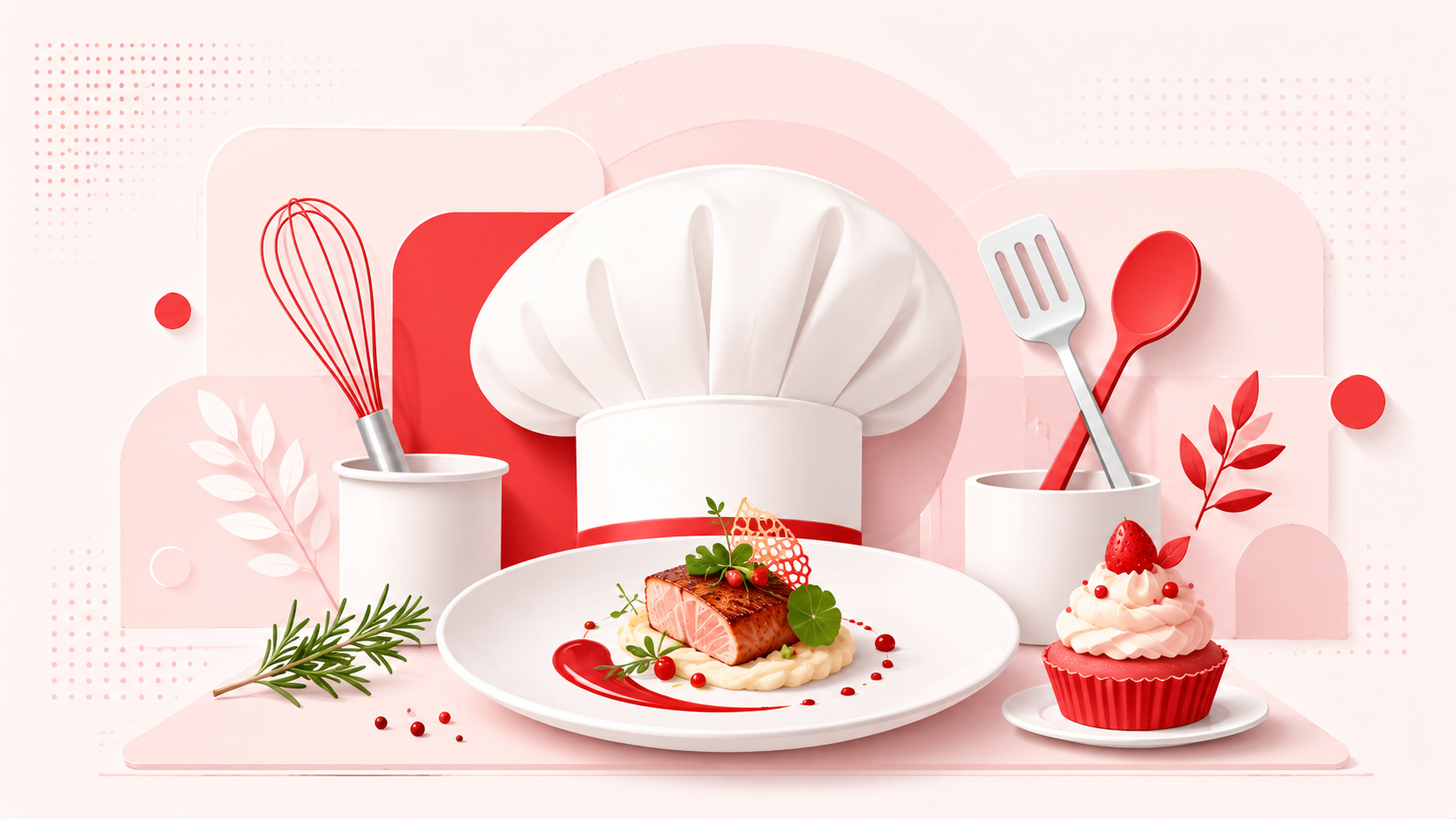 A chef's hat, plated gourmet dish, whisk and utensils representing culinary arts