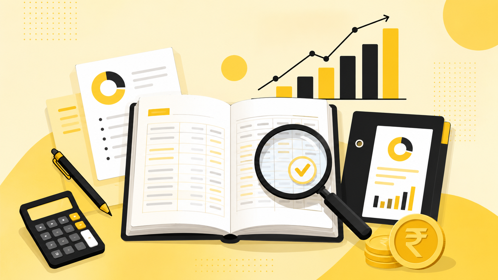 Ledgers, bar charts, a rupee coin and an audit magnifying glass