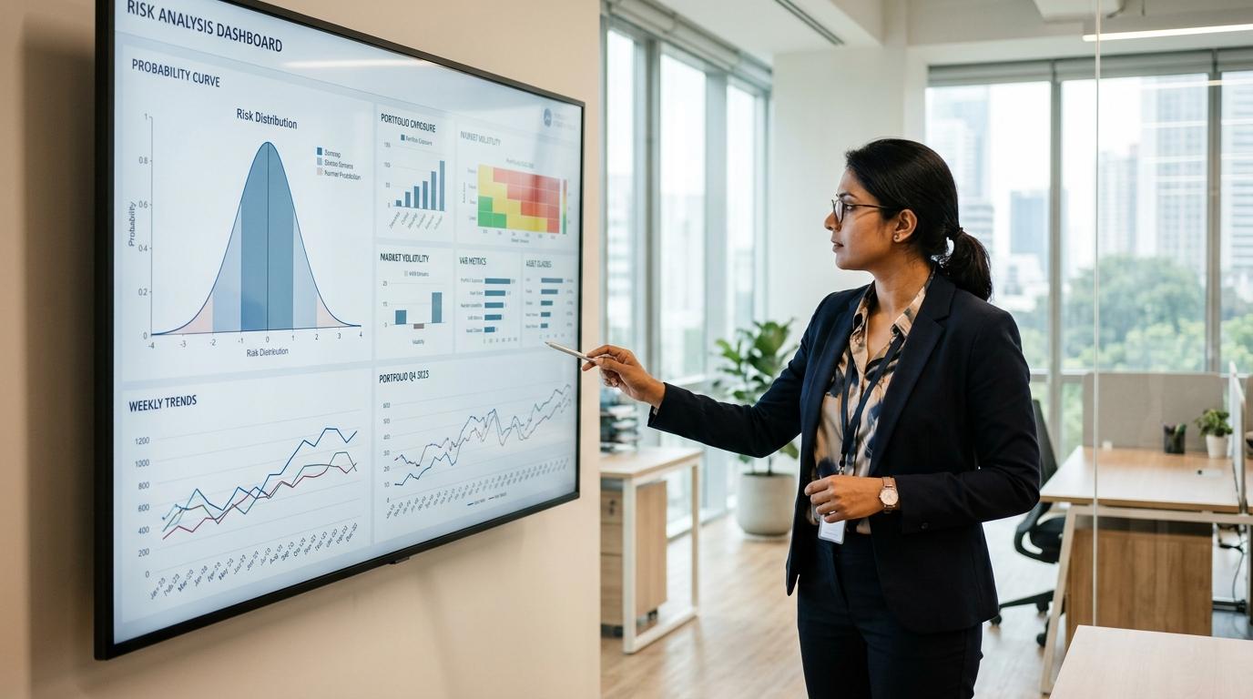 Two analysts studying probability curves and risk-modelling dashboards on a monitor