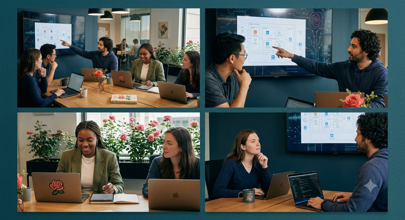 Technology professionals collaborating on software development, cloud infrastructure and cybersecurity systems