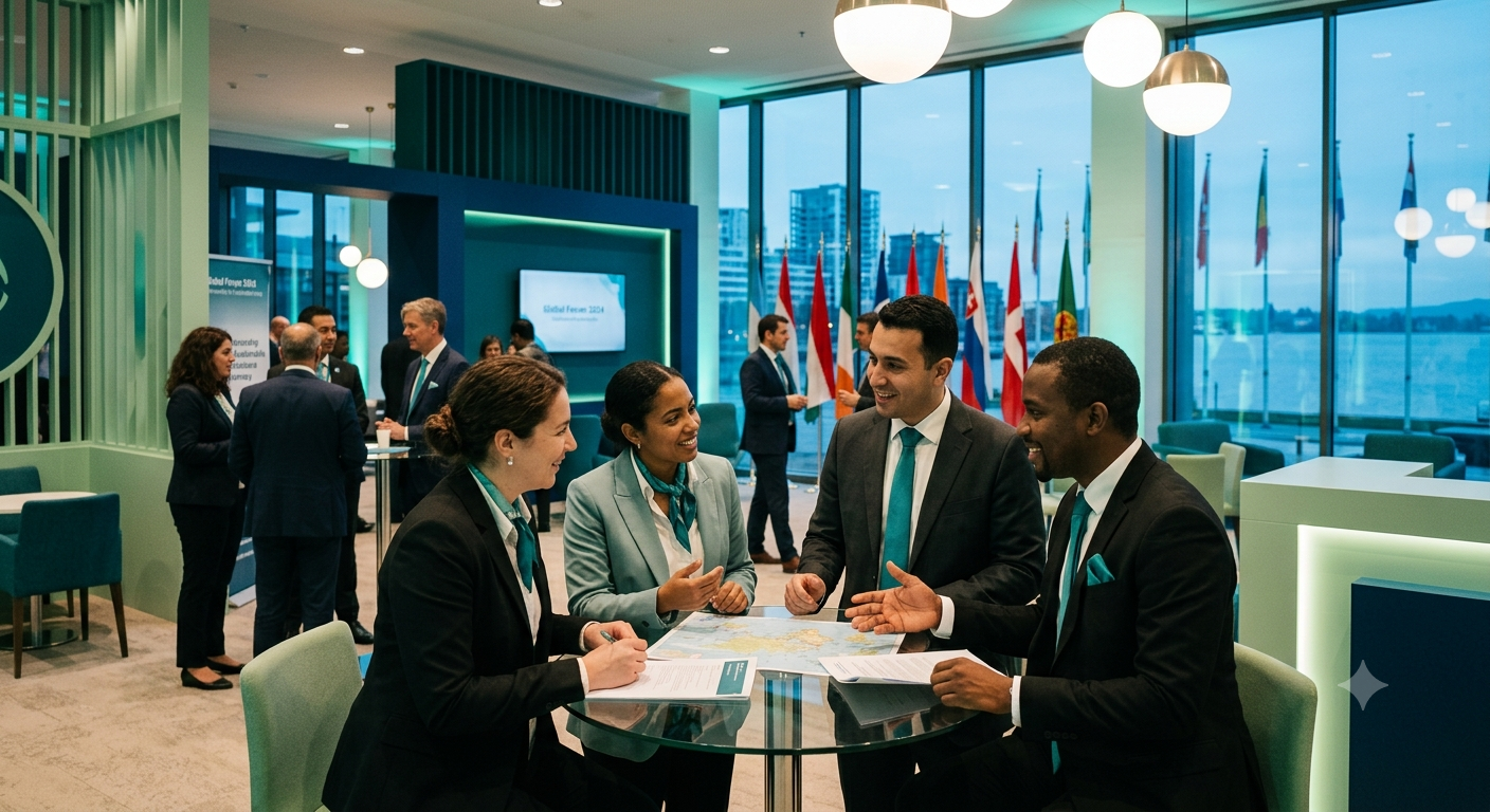 Diplomats and policy professionals discussing international affairs during a global summit