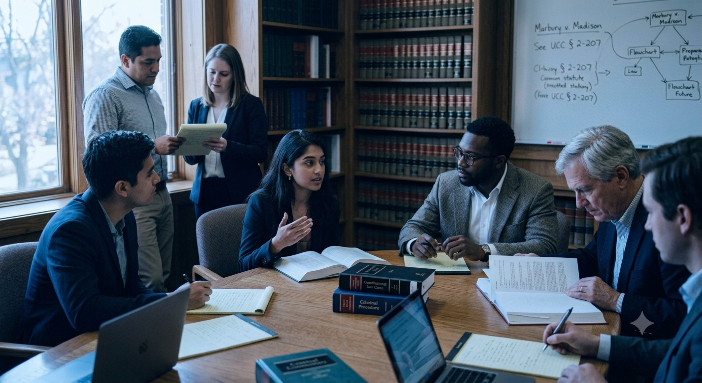 Law students researching case files and legal professionals discussing a case in a courtroom