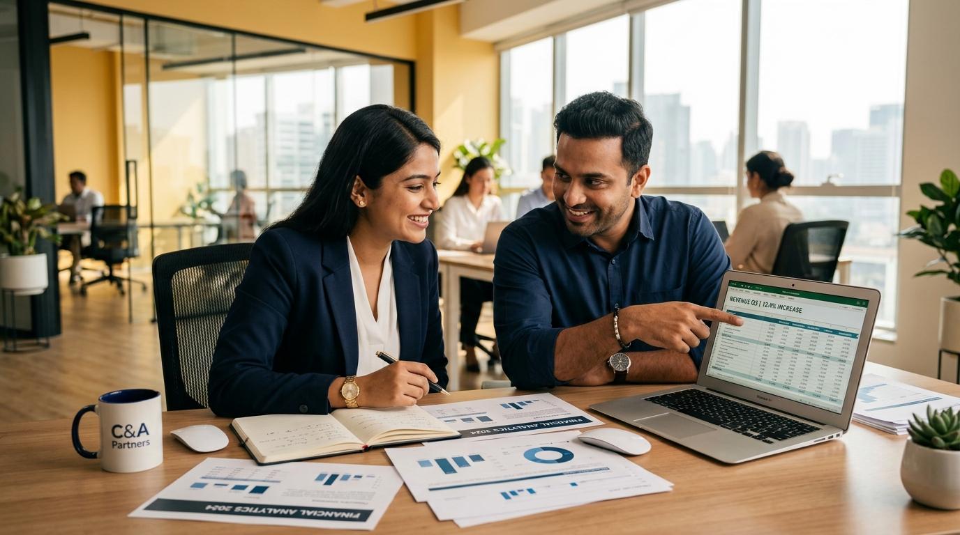 Two finance professionals reviewing an internal audit report with financial statements and charts