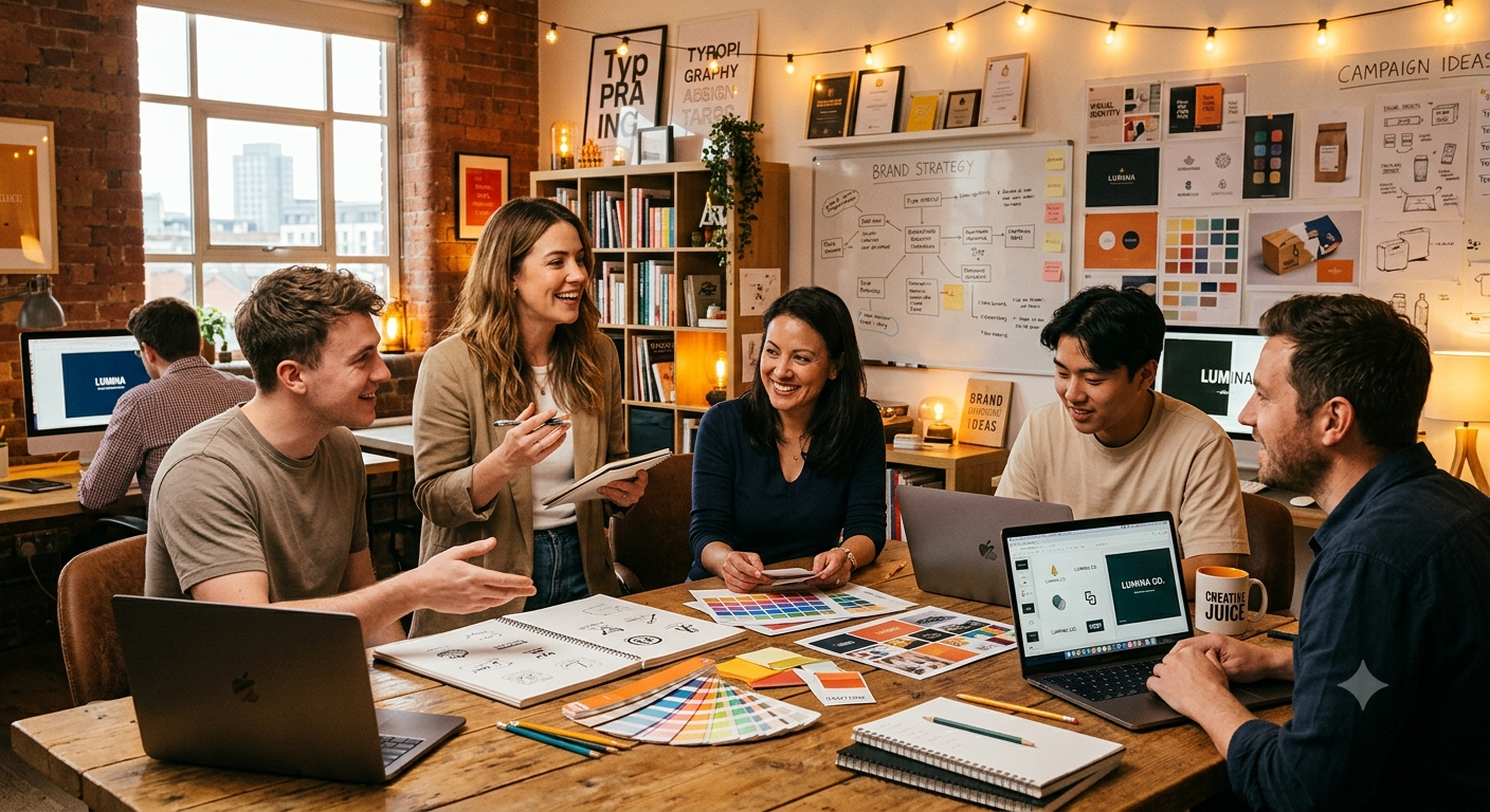 A creative marketing team brainstorming a campaign while another team analyzes digital marketing performance data