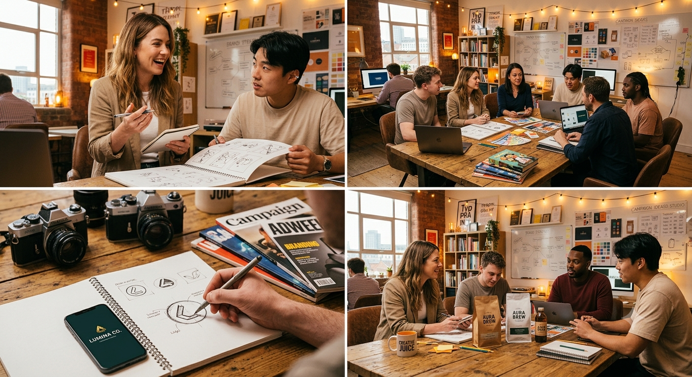 Marketing professionals developing a campaign while reviewing advertising performance and audience analytics