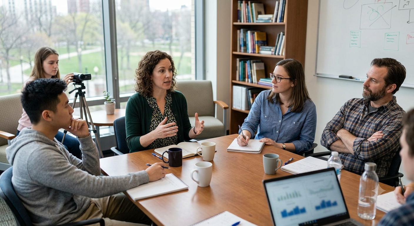 A psychologist conducting a counseling session alongside researchers studying human behaviour and brain activity