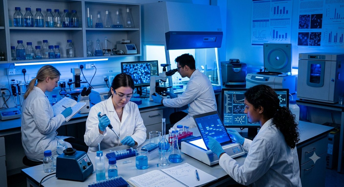 Scientists conducting experiments in a research laboratory while a mathematician works with advanced equations