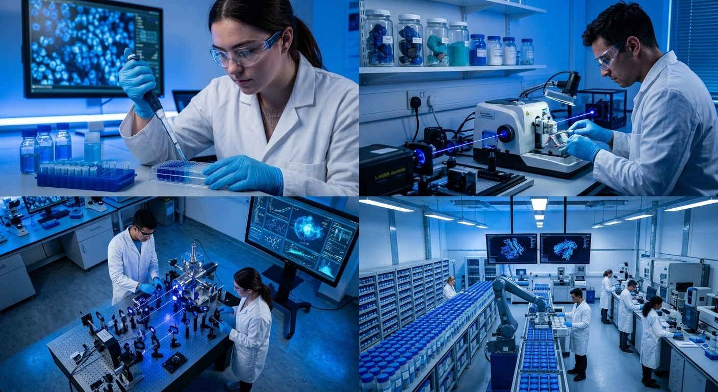 Scientists working with advanced laboratory equipment, mathematical models and scientific research data