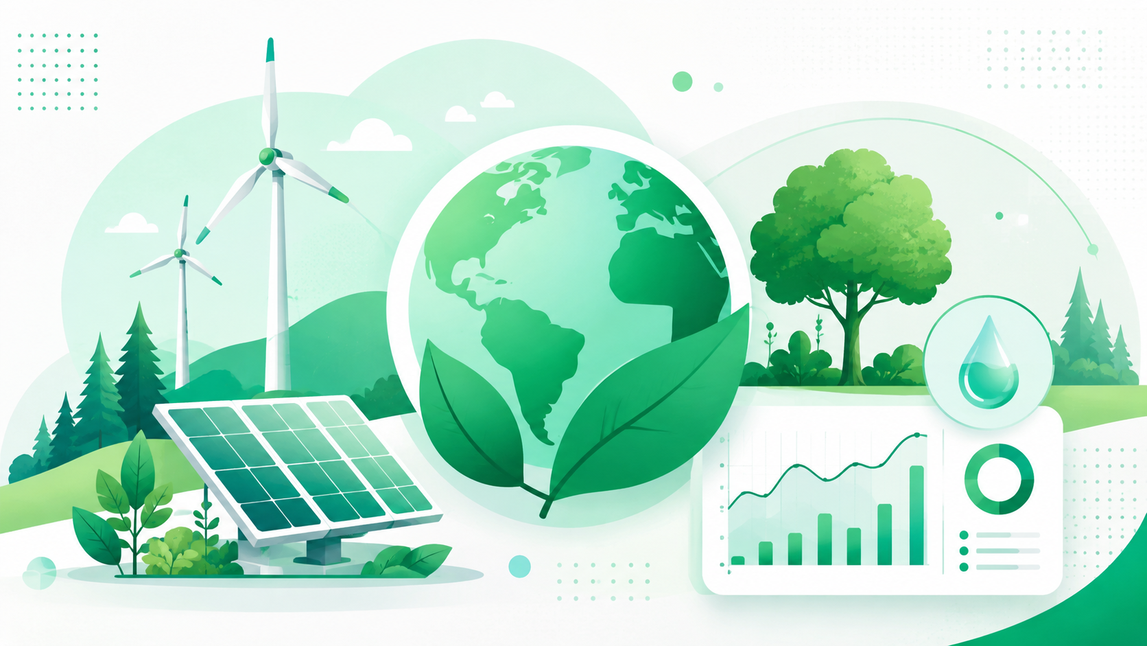Wind turbines, forests, a green globe and environmental monitoring instruments