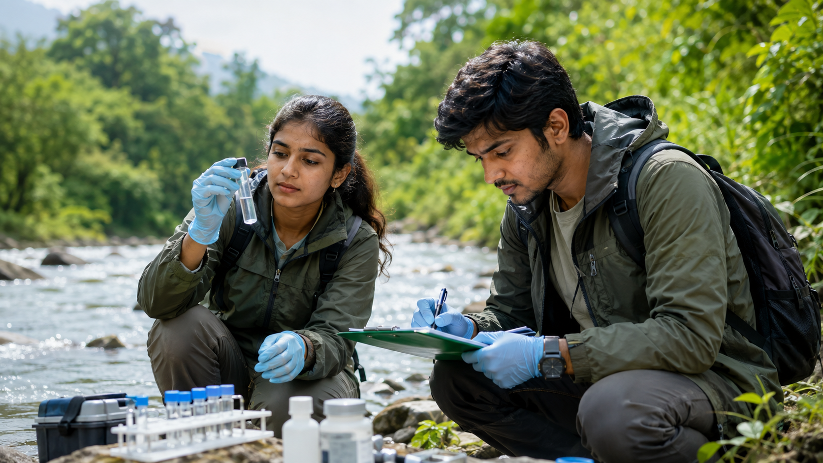 Students collecting environmental samples and researchers testing water quality in the field