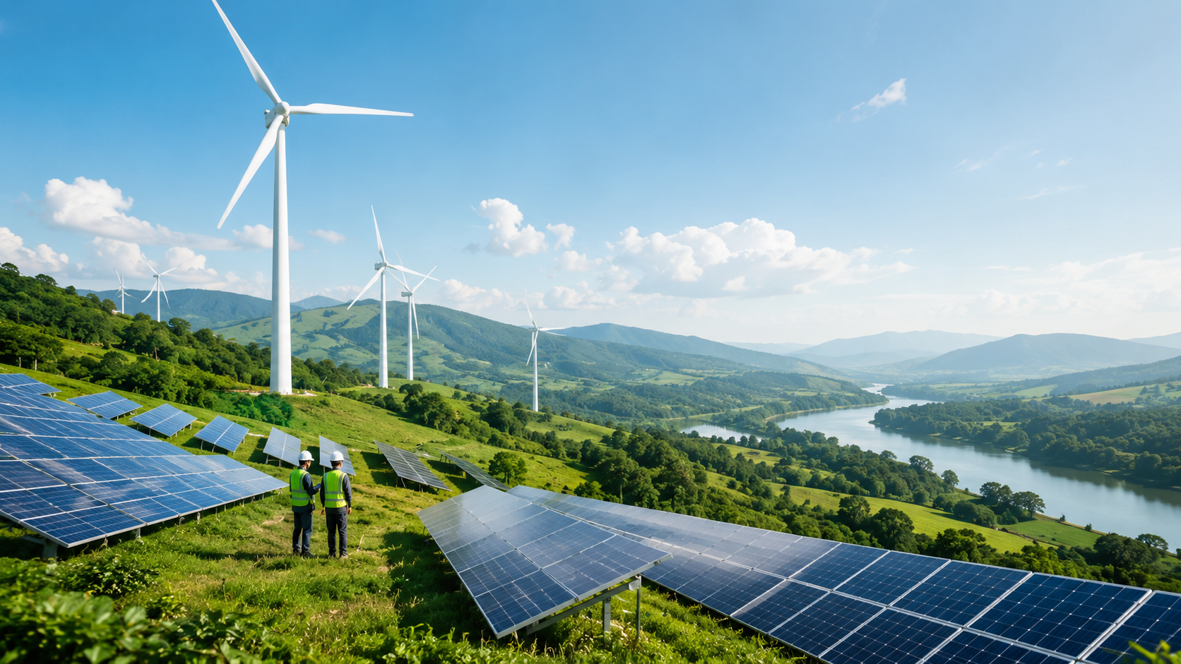 Wind turbines, solar panels, clean rivers and sustainability professionals at work