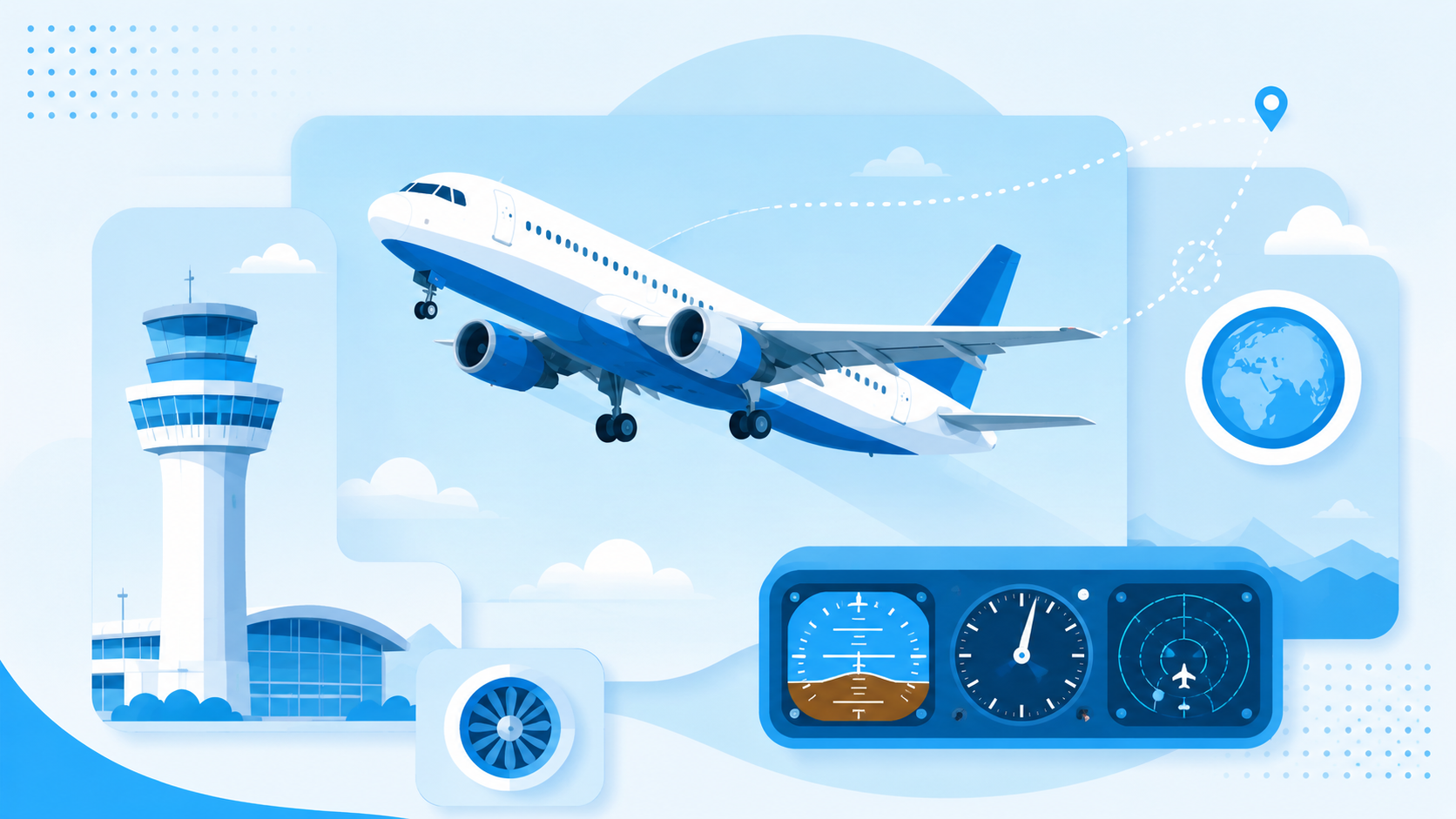 An aircraft taking off, a control tower, cockpit instruments and airport ground operations