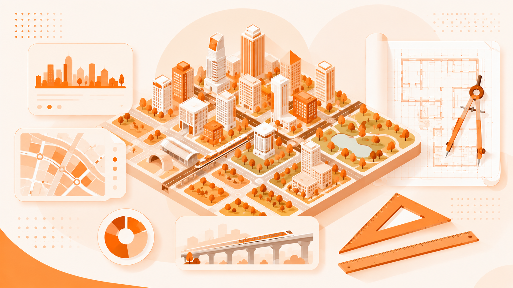 A city master plan, skyline, metro lines and architects reviewing urban blueprints