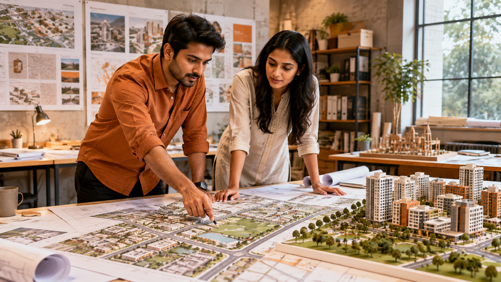 An aerial view of a smart city master plan with a skyline and architects discussing blueprints