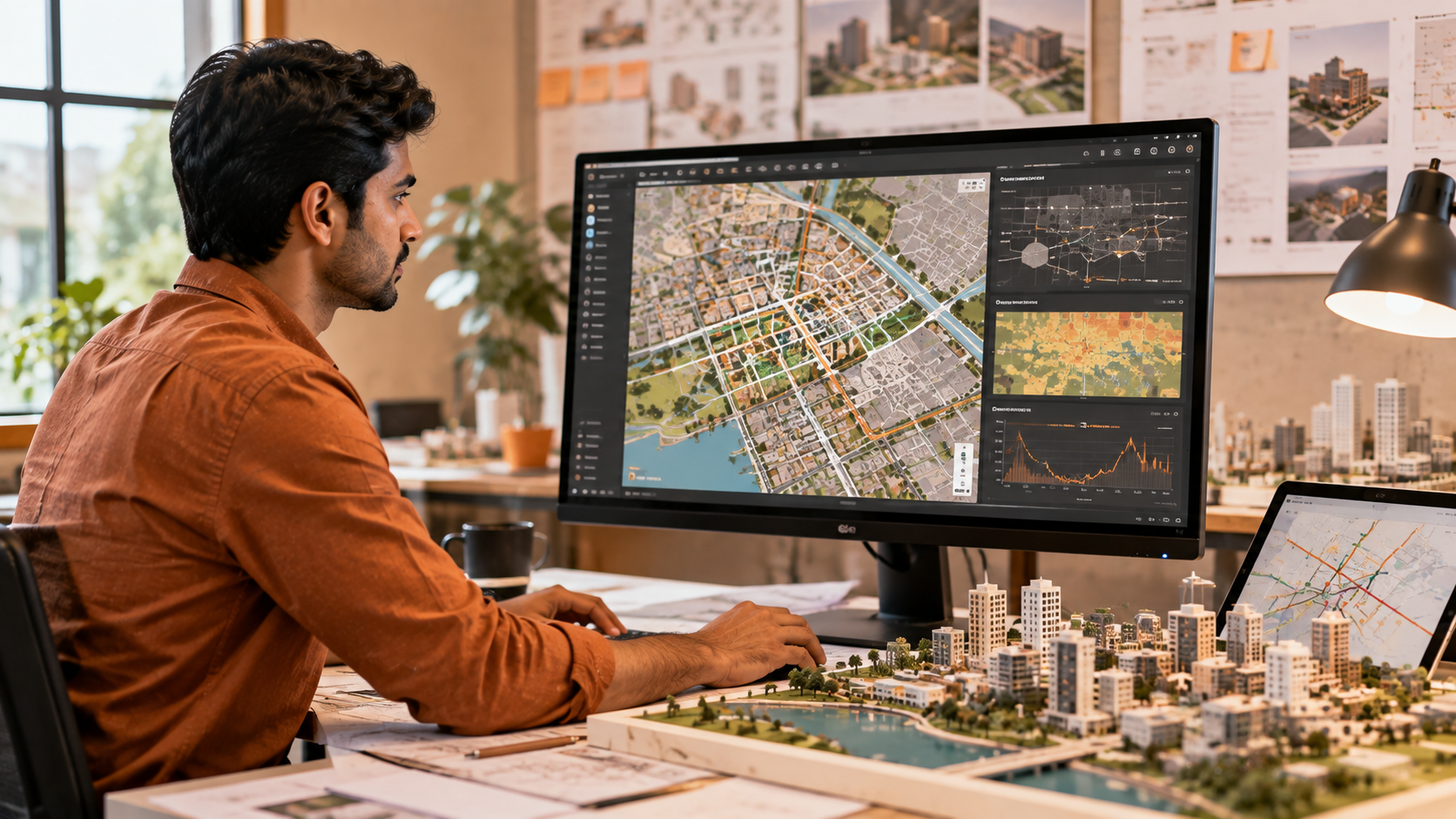 Urban planners reviewing digital city maps and GIS software beside a sustainable city model