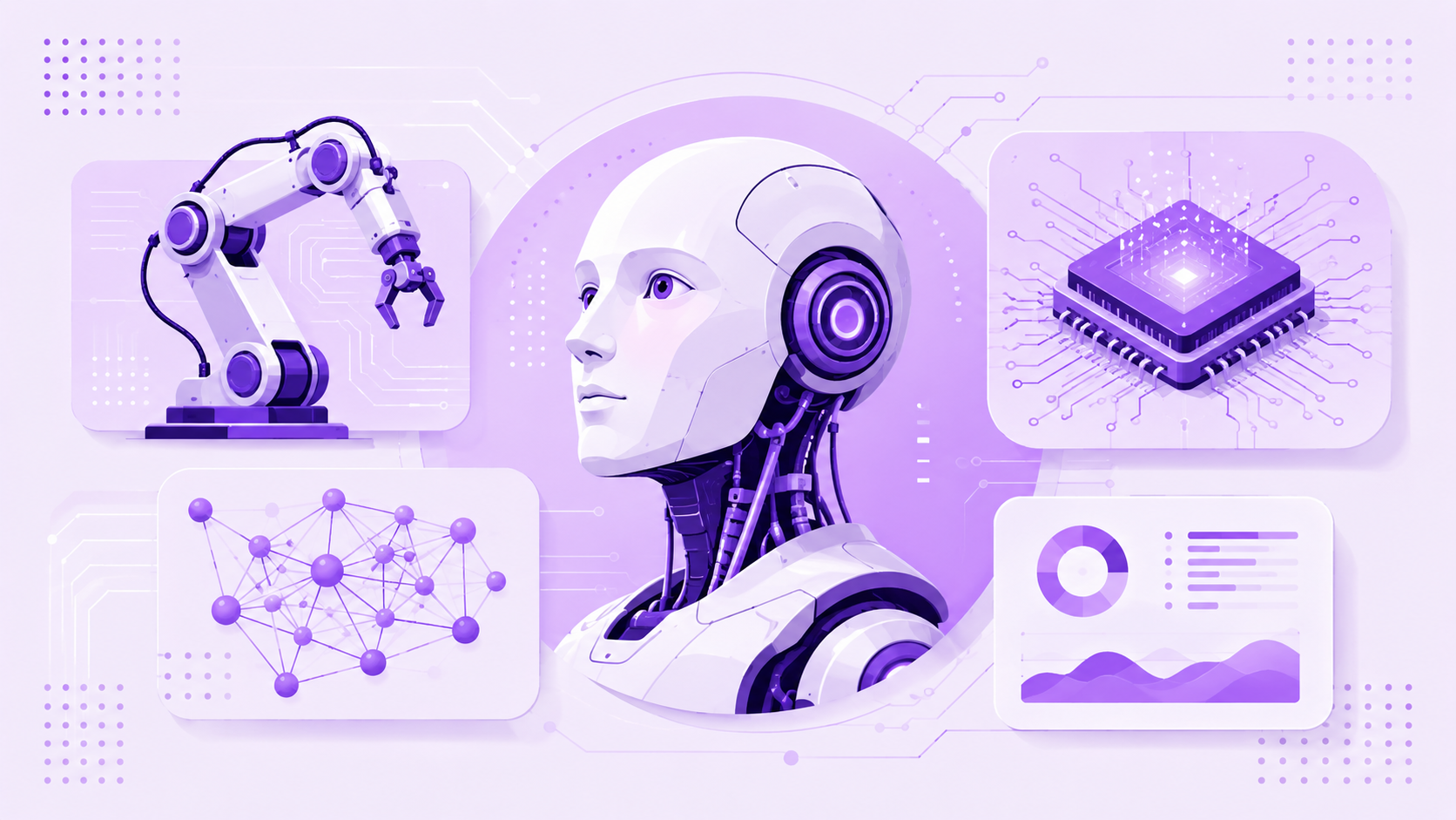 A humanoid robot, robotic arm, neural-network nodes and AI circuitry