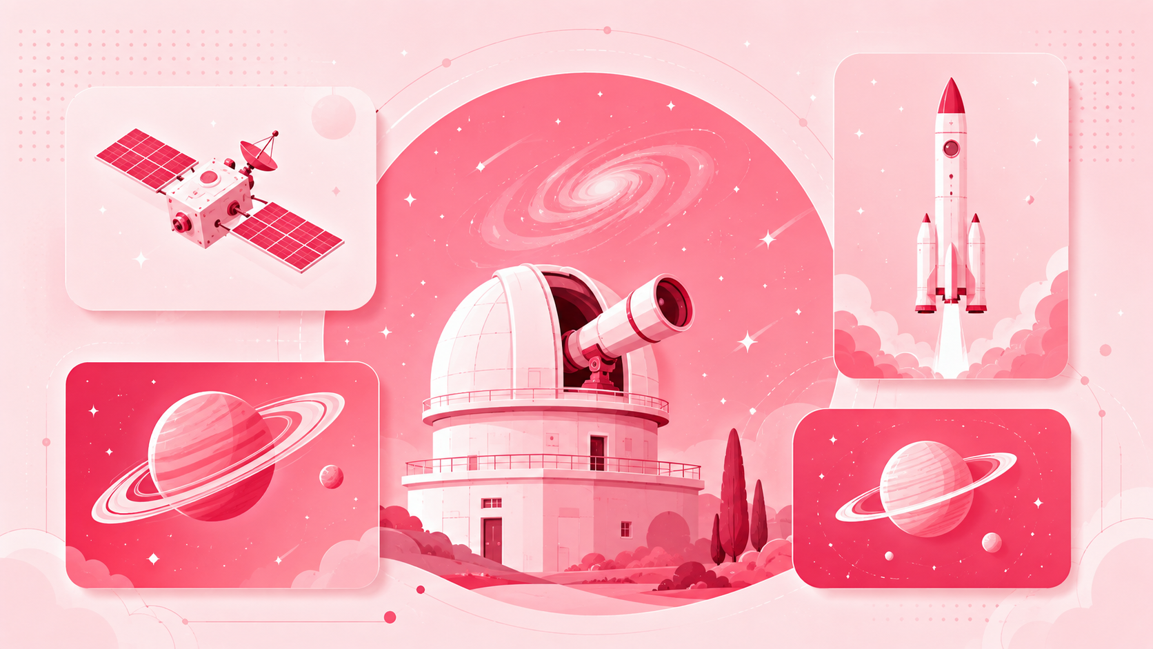 A telescope, orbiting satellite, planets, galaxies and a rocket against a starry sky