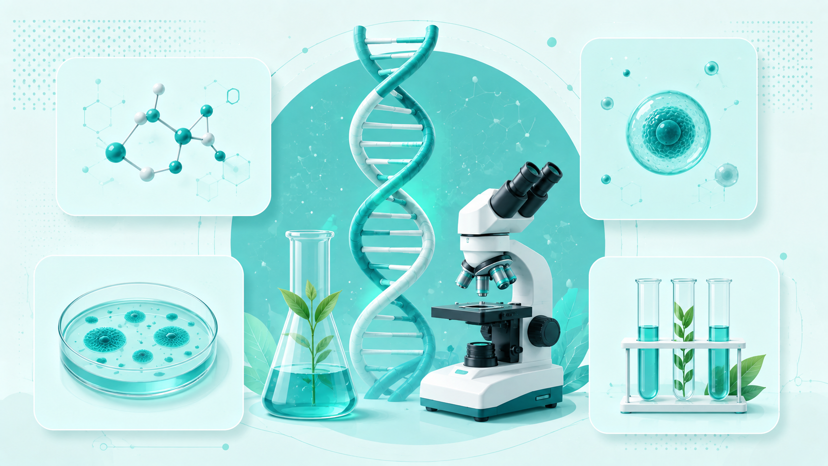 A DNA double helix, microscope, lab flask and cells representing biotechnology research