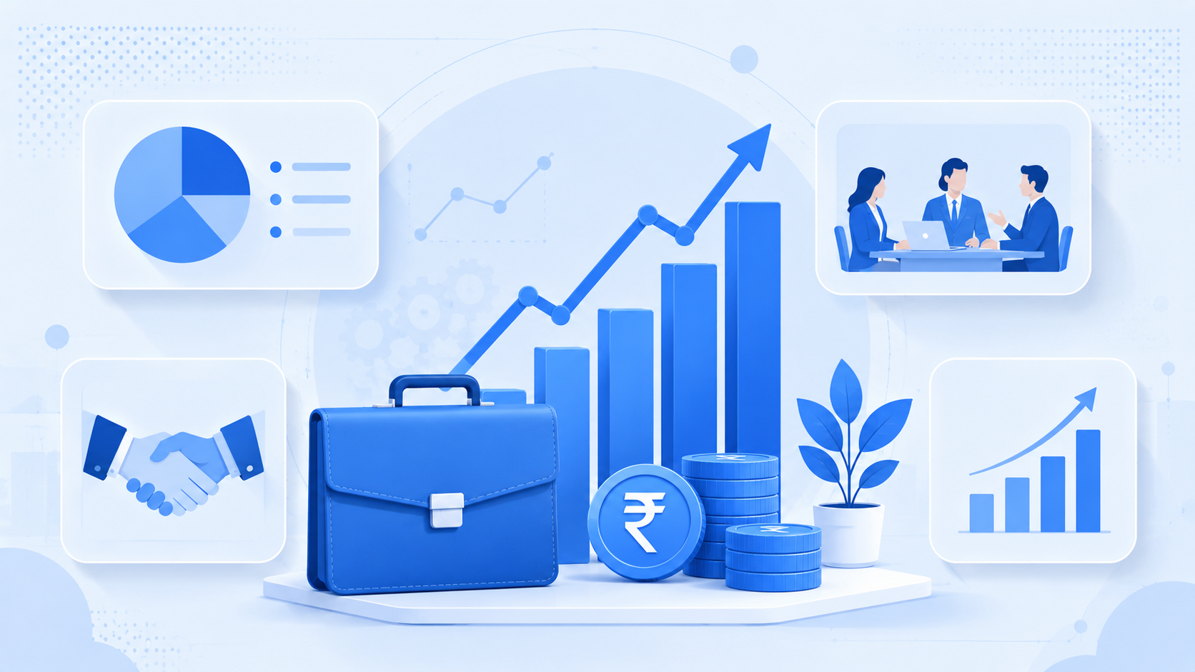 A rising growth chart, briefcase, coins and a team meeting representing business and management
