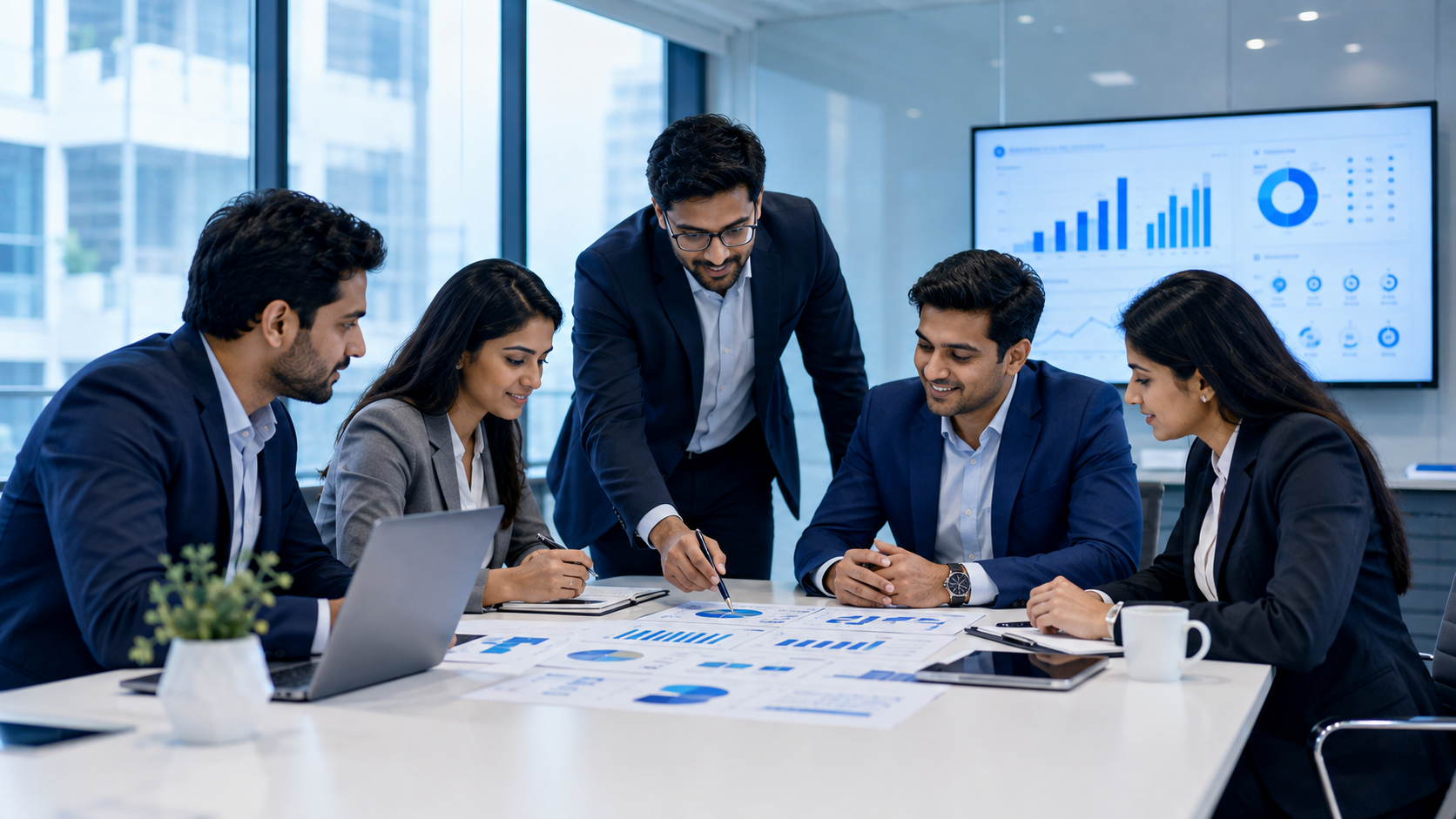 Business professionals in a corporate meeting discussing strategy with charts and reports