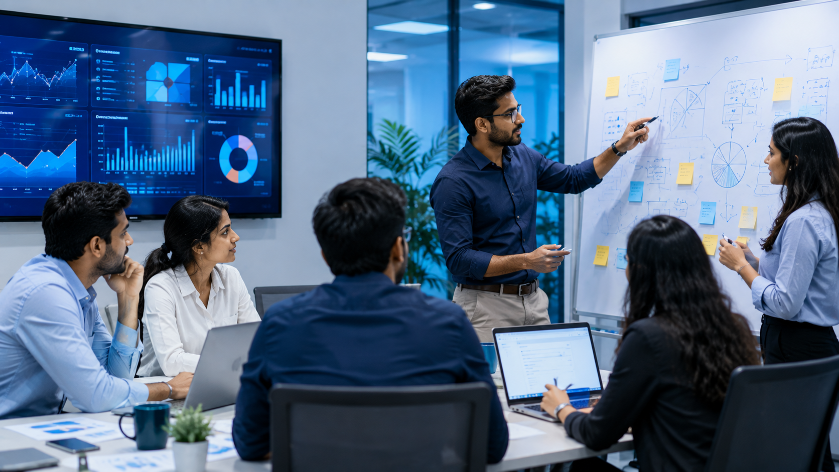 Startup founders brainstorming and professionals analysing market data on digital dashboards