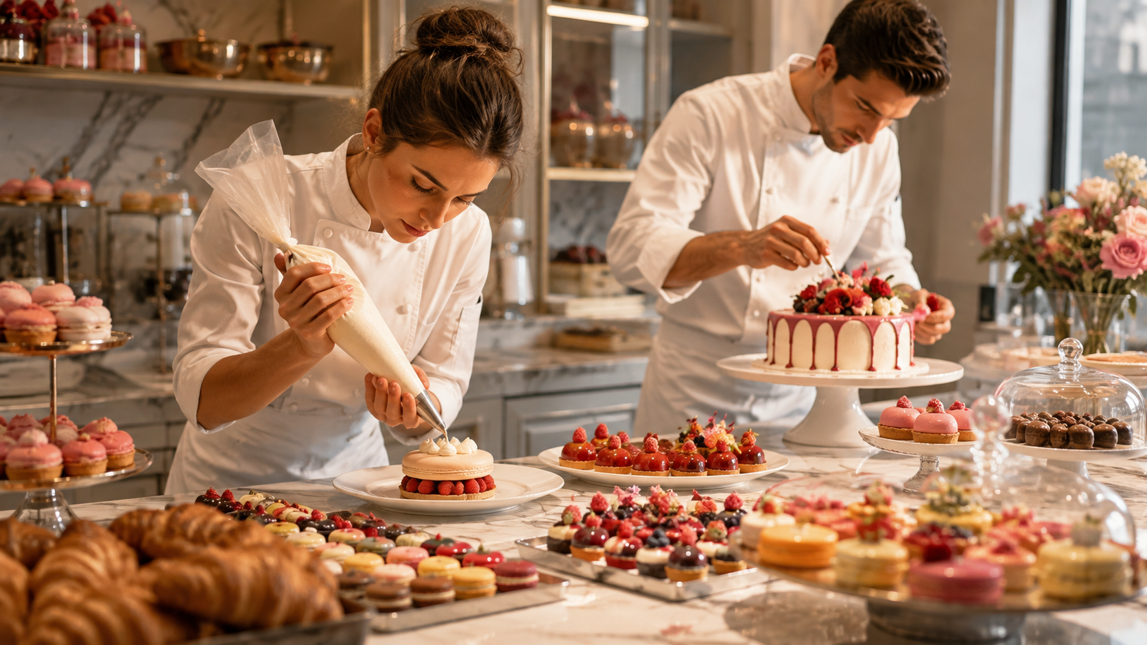 Professional chefs preparing dishes in a modern kitchen with beautifully plated cuisine