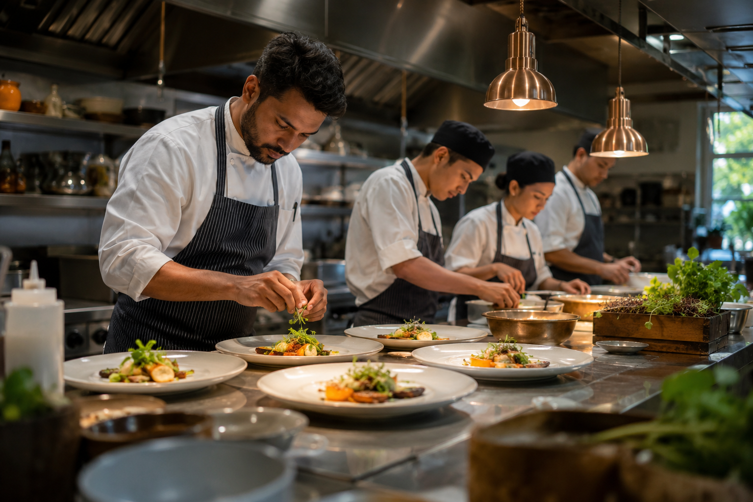 A pastry chef decorating desserts in a luxury hotel kitchen with elegant restaurant plating