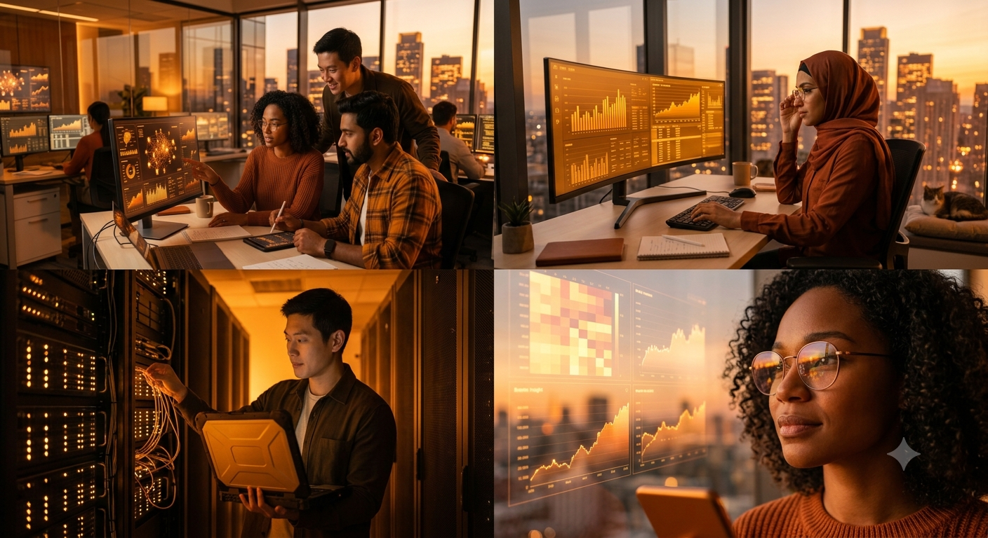 Data professional analysing charts, dashboards, code and machine learning visualisations