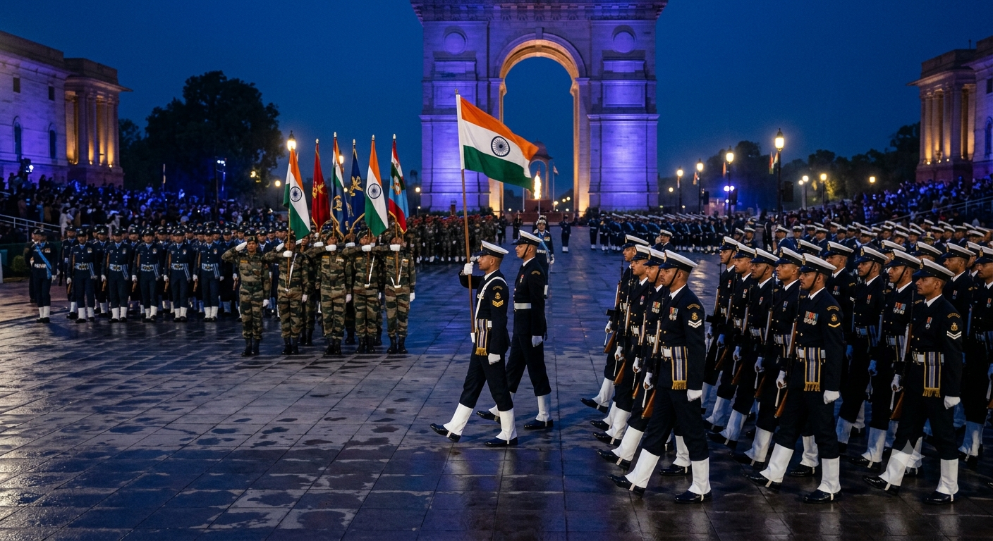 Indian Army, Navy and Air Force personnel representing military training, technology and national security
