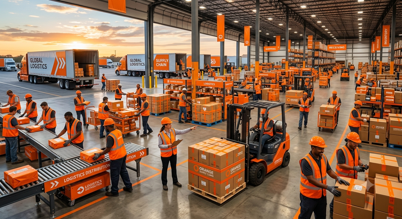 Warehouse operations, delivery vehicles and supply chain professionals coordinating distribution activities