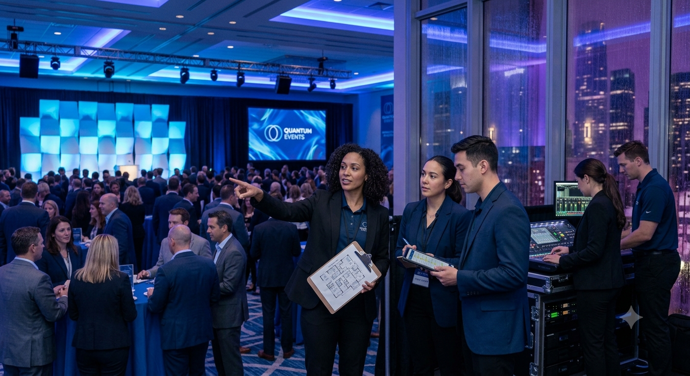 Event management professionals coordinating guests, vendors, stage production and event operations