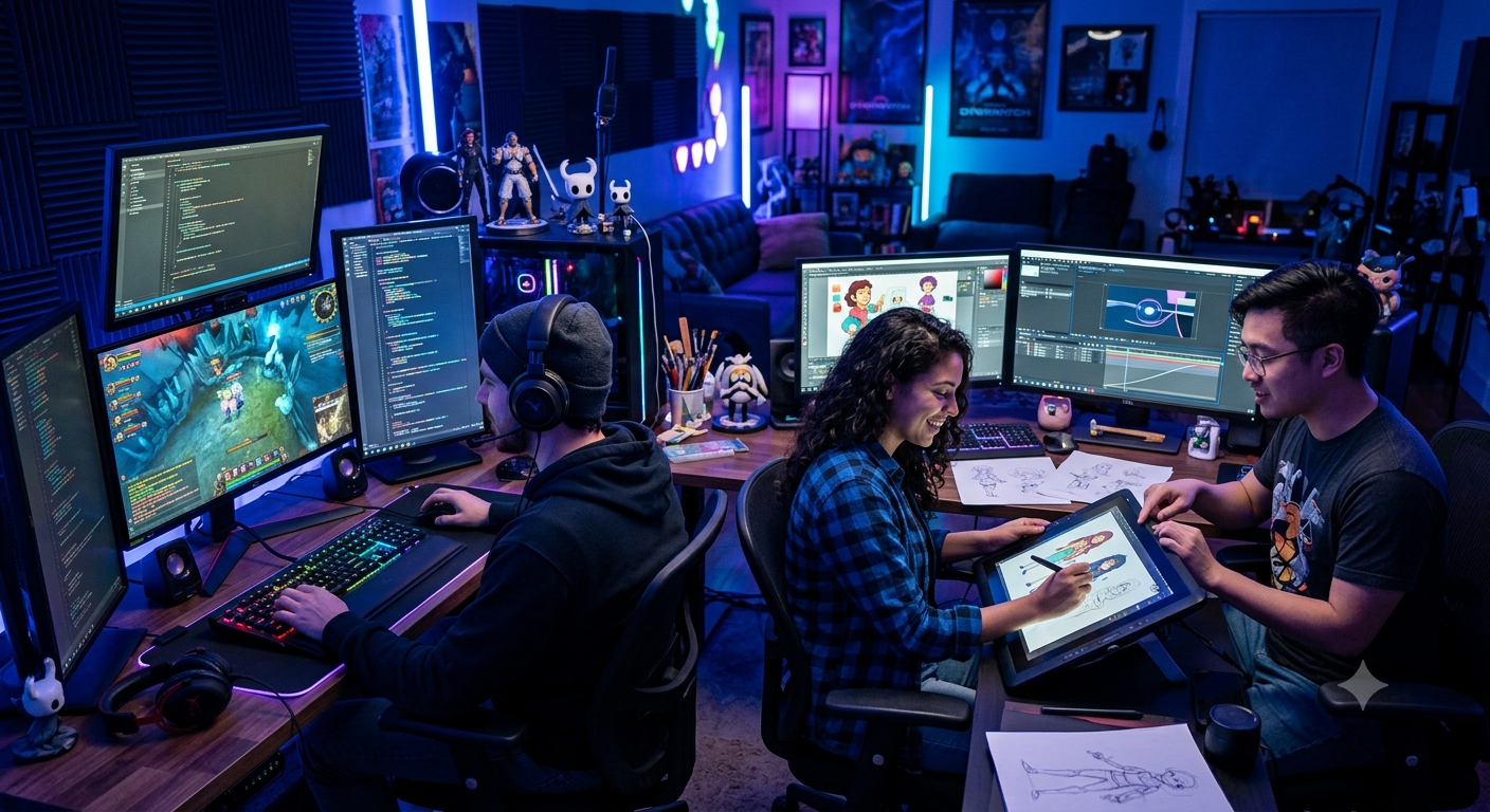 Artists and game developers creating 3D characters, digital environments and interactive game experiences