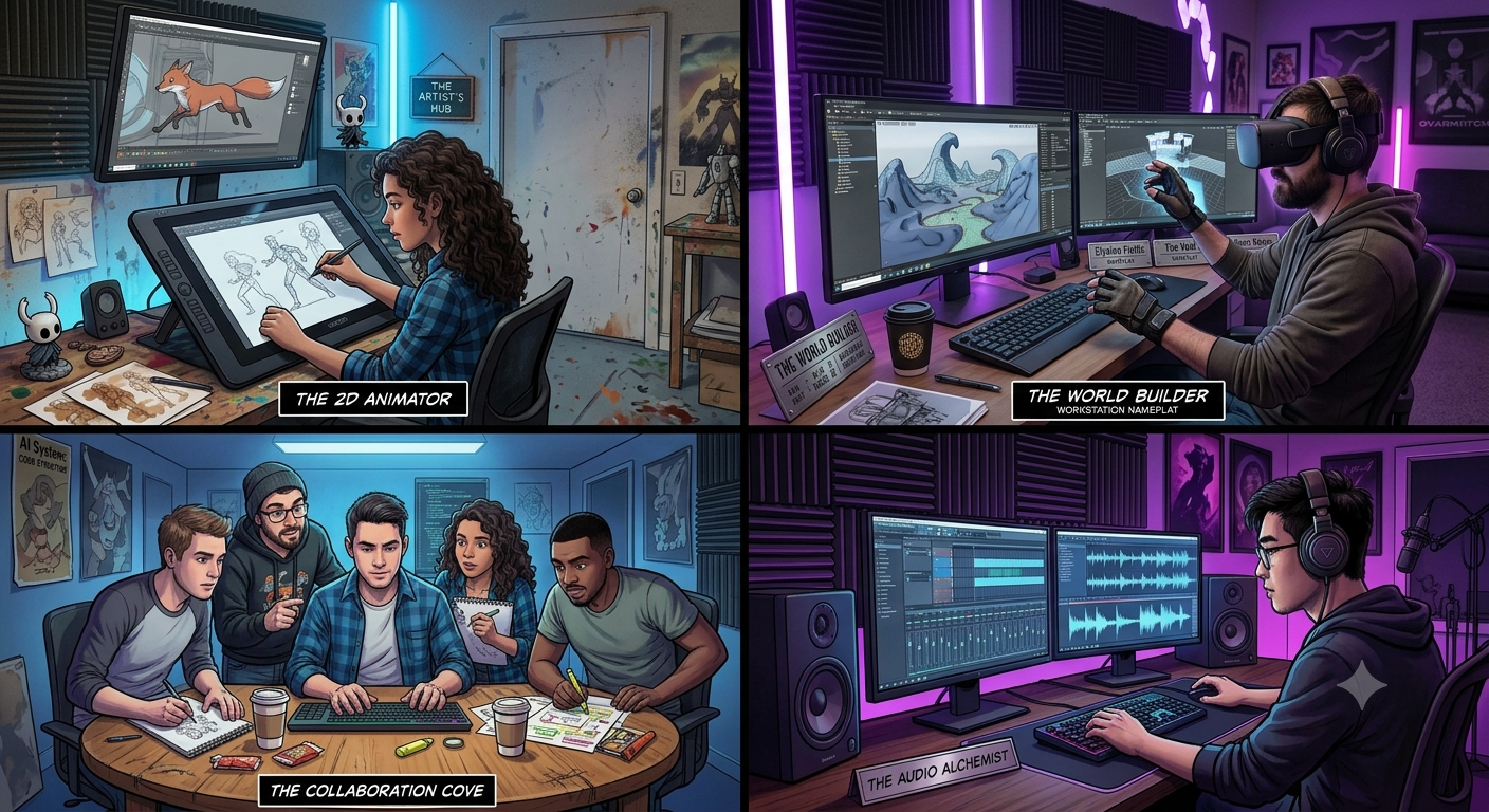 Digital artists, animators and game developers collaborating on characters, environments and interactive media