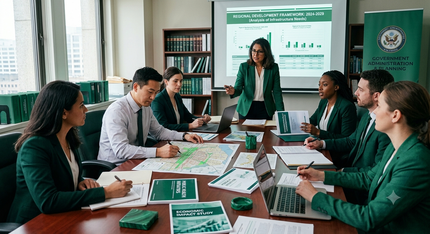 Government officials and policy professionals reviewing development plans and public policy data