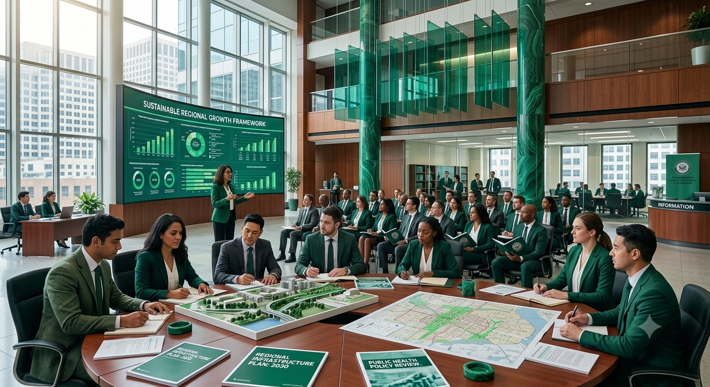 Policy professionals analysing data and collaborating on public development initiatives