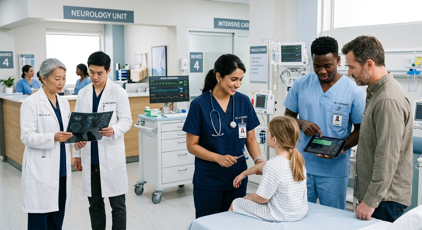 Doctors and healthcare professionals examining medical information and caring for a patient