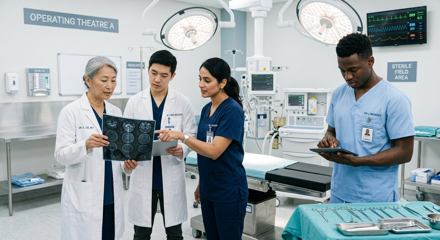 Healthcare professionals collaborating in a modern hospital environment