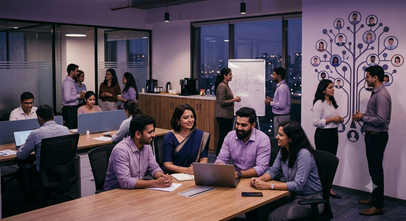 HR professionals conducting interviews, analysing employee engagement and collaborating with workplace teams