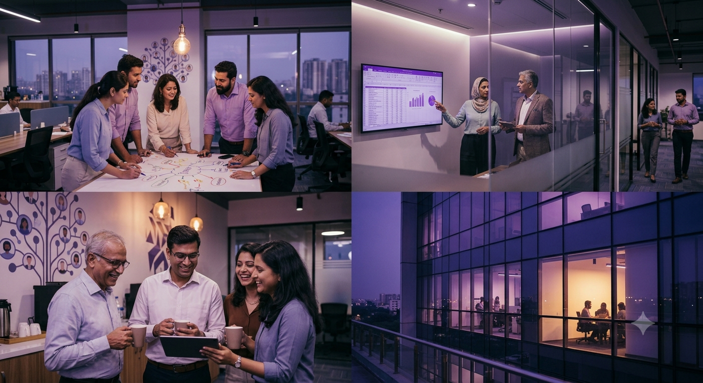HR professionals collaborating with employees, analysing workforce data and conducting a team meeting