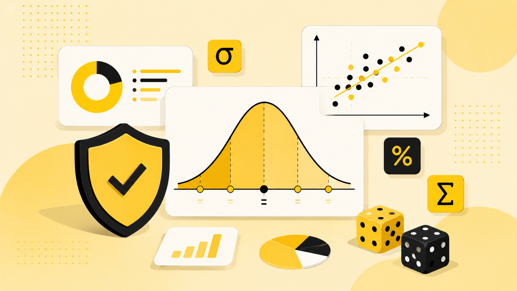 A probability bell curve, risk shield and data scatter plot