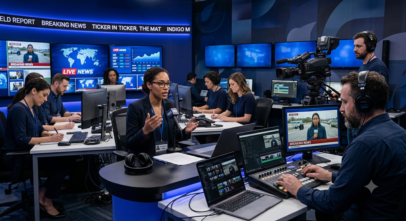 A journalist conducting an interview on camera while editors and reporters work in a modern newsroom