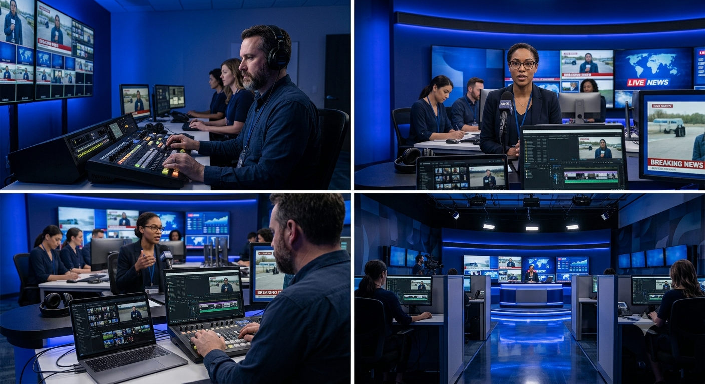 A multimedia journalism team working with cameras, microphones, editing systems and digital news screens