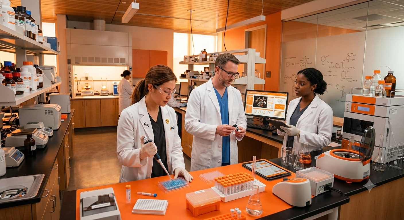 A biomedical researcher examining biological samples under a microscope while a pharmaceutical scientist analyzes chemical compounds