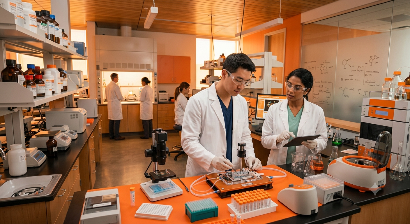 Pharmaceutical researchers, biomedical scientists and clinical researchers working together in a modern laboratory