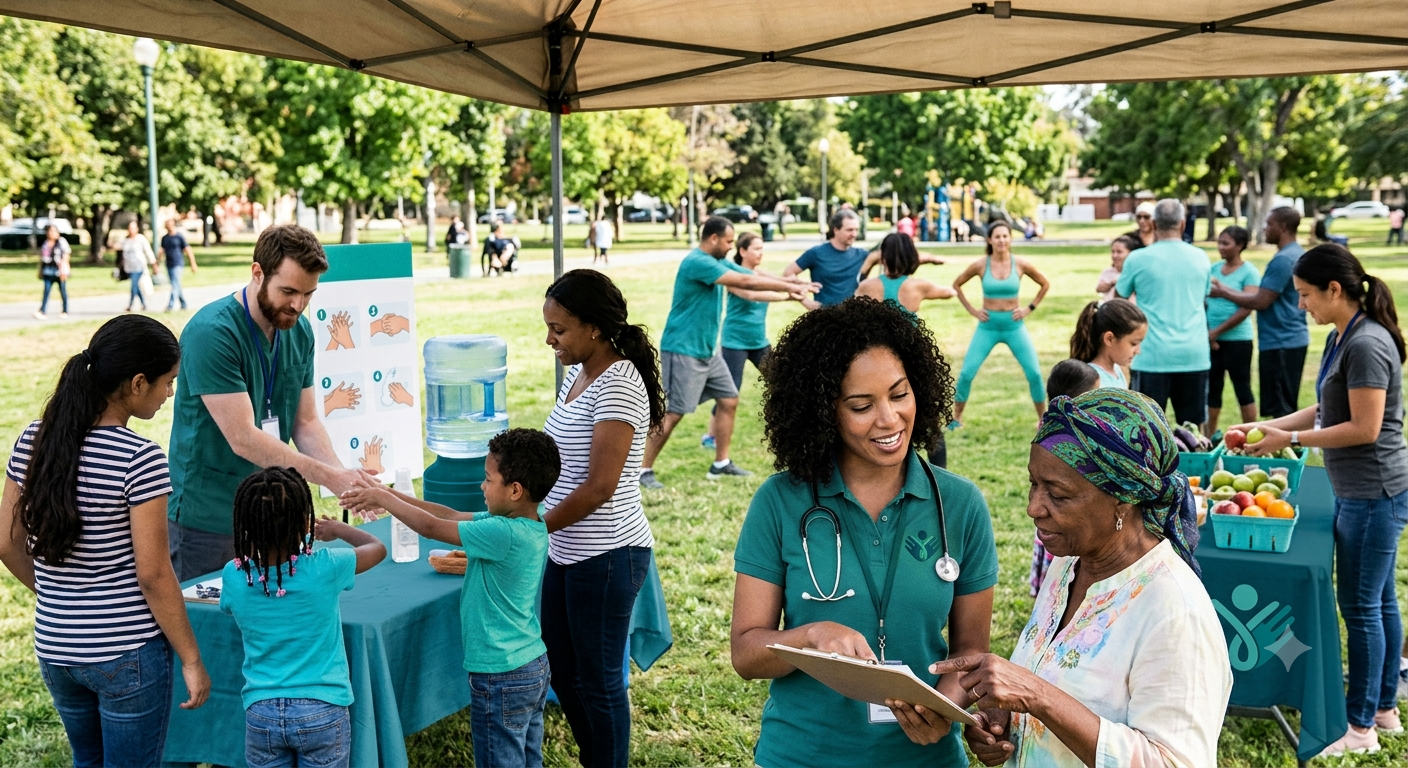 Public health officials conducting vaccination drives and analyzing disease patterns across communities