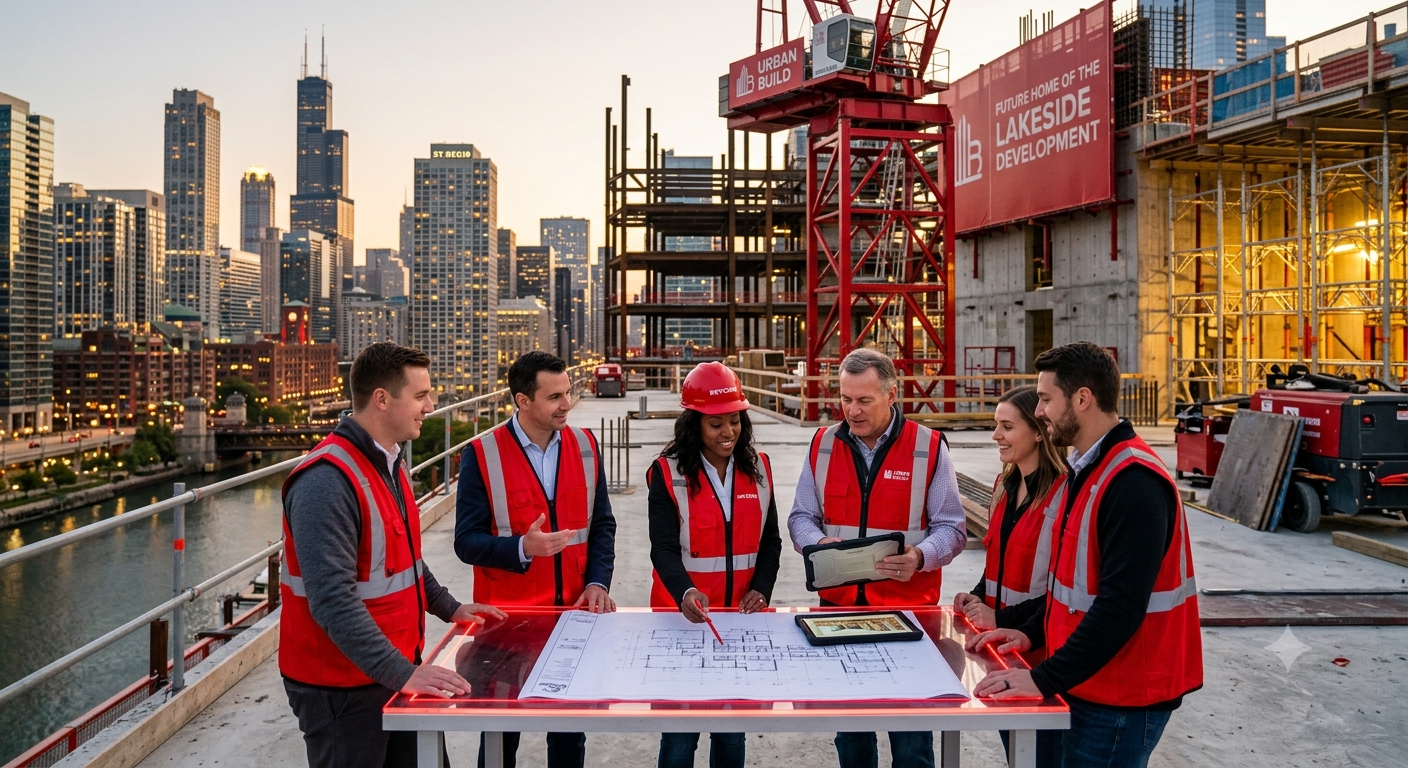 Urban planners and construction managers reviewing a large city development model and infrastructure project
