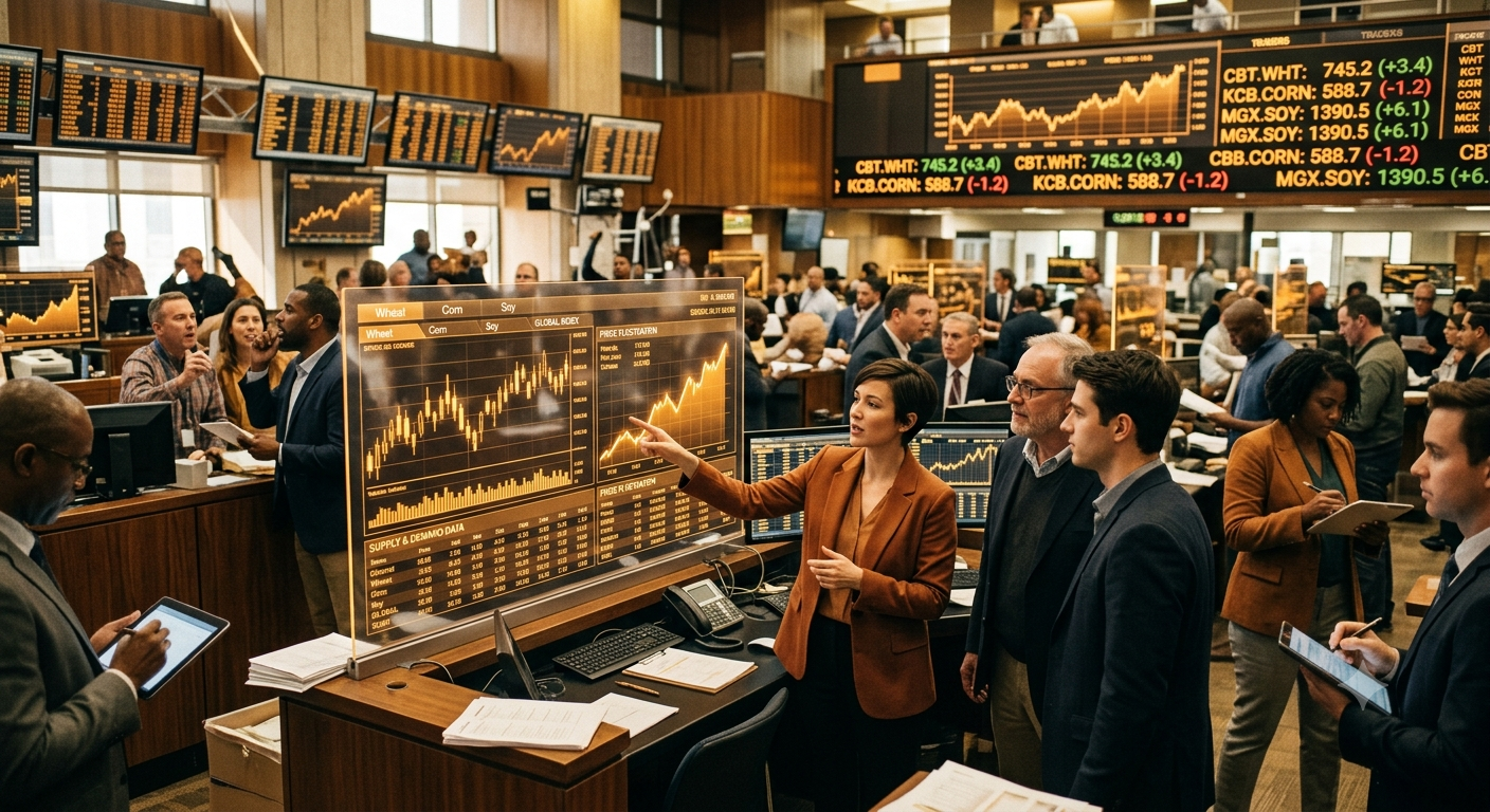 An economist presenting economic forecasts while a team analyzes market and global trade data