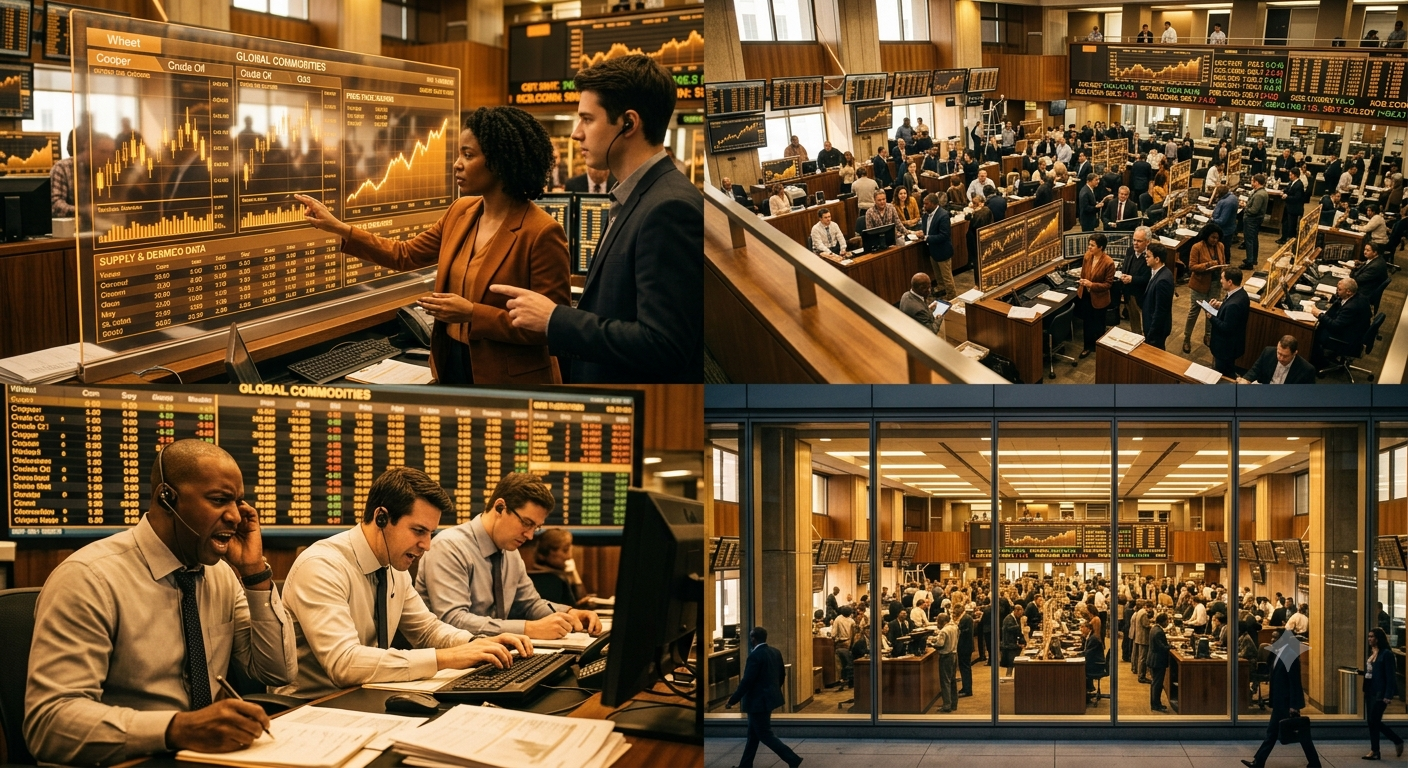 Economists and financial analysts studying market charts and economic data on digital screens