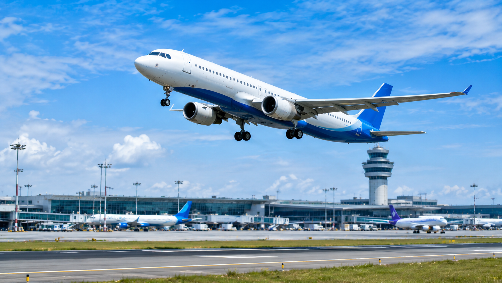 A commercial aircraft taking off with pilots in the cockpit and airport ground operations