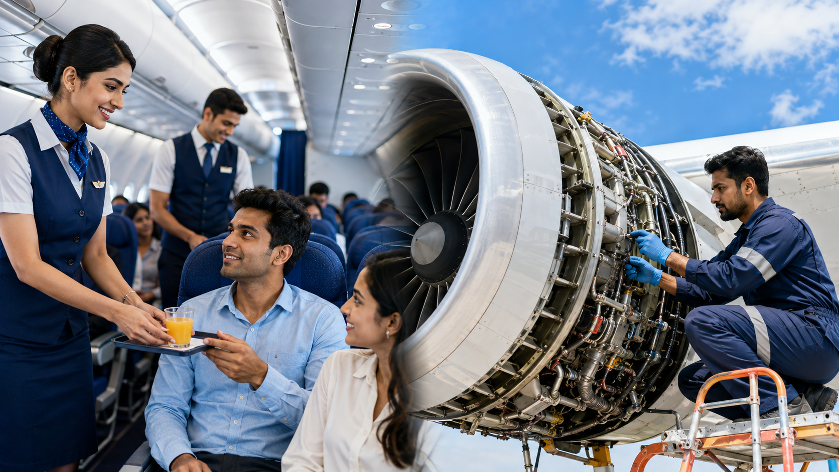 Cabin crew assisting passengers, an engineer inspecting an aircraft and an air traffic control tower